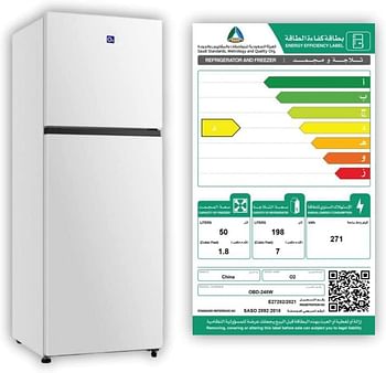 O2 Double Door Refrigerator, 8.7 Cu. Feet (248 Liter) Capacity, White, OBD-248W