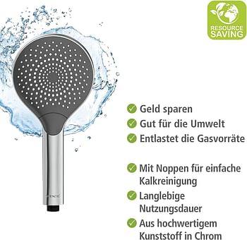 Wenko Watersaving Chrome Universal Handheld Shower Head with Water Saving System and 3 Jet Types, Silver, 12 x 0 x 12 cm/Silver