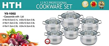 HTH-Professional Casserole With Lid 12 Pieces Stainless Steel Cookware Set, Impact-bonded Technology, Easy Clean