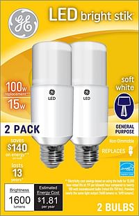 GE LED Bright Stik Light Bulbs, 15 Watts (100 Watt Equivalent), Soft White, Medium Base, Non-Dimmable (2 Pack) 15 Watts (100 Watt Equivalent LED
