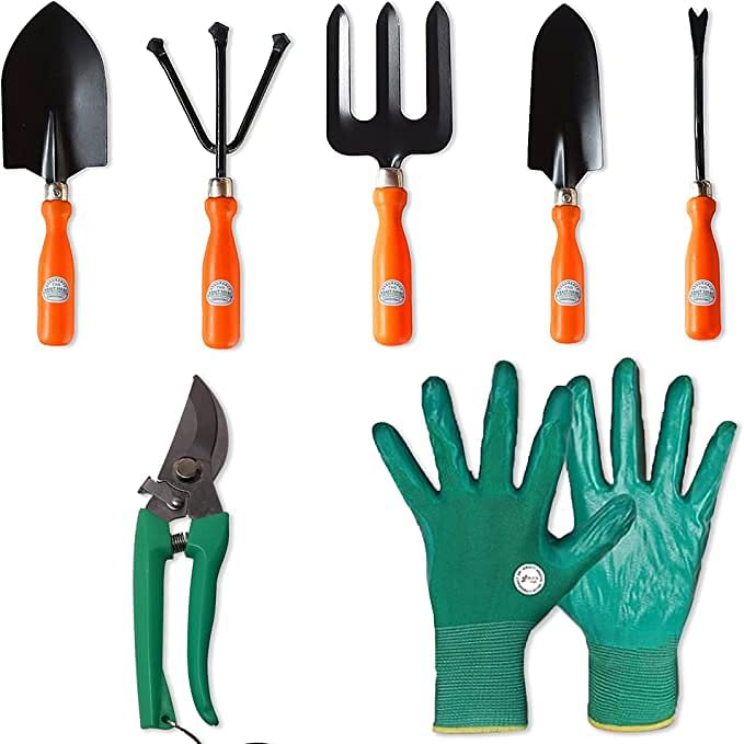 Kraft Seeds Gardening Kit - 7 Pcs Hand Cultivator, Hand Fork, Big Trowel, Small Weeder, Garden Gloves, Pruner Orange Ergonomic Handles, Black Metal Blades