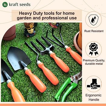 Kraft Seeds Gardening Kit - 7 Pcs Hand Cultivator, Hand Fork, Big Trowel, Small Weeder, Garden Gloves, Pruner Orange Ergonomic Handles, Black Metal Blades