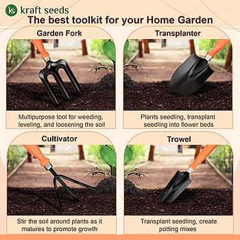 Kraft Seeds Gardening Kit - 7 Pcs Hand Cultivator, Hand Fork, Big Trowel, Small Weeder, Garden Gloves, Pruner Orange Ergonomic Handles, Black Metal Blades