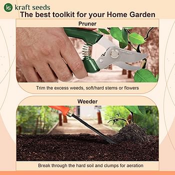 Kraft Seeds Gardening Kit - 7 Pcs Hand Cultivator, Hand Fork, Big Trowel, Small Weeder, Garden Gloves, Pruner Orange Ergonomic Handles, Black Metal Blades