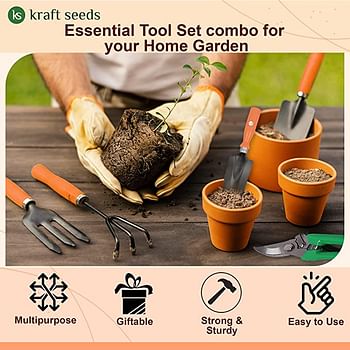 Kraft Seeds Gardening Kit - 7 Pcs Hand Cultivator, Hand Fork, Big Trowel, Small Weeder, Garden Gloves, Pruner Orange Ergonomic Handles, Black Metal Blades