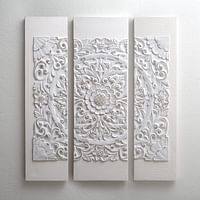 Madison Park Wall Art Living Room Decor - White Mandala Damask 3D Embelished Canvas, Home Accent Dining, Bathroom Decoration, Ready To Hang Painting For Bedroom, Multi-Sizes, Off White 3 Piece