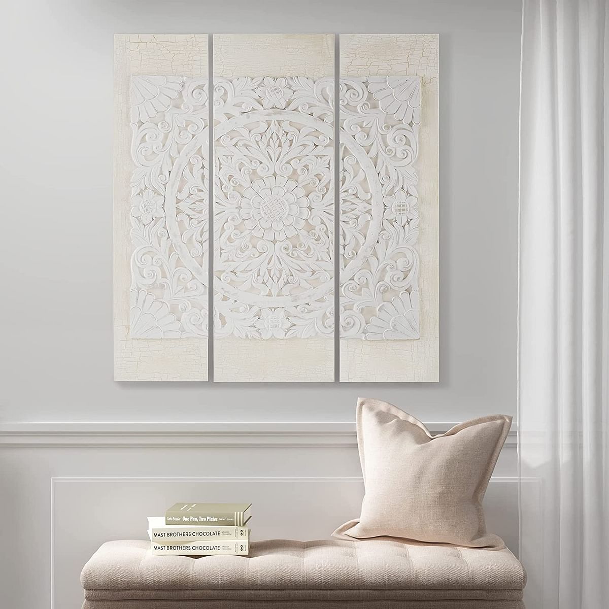 Madison Park Wall Art Living Room Decor - White Mandala Damask 3D Embelished Canvas, Home Accent Dining, Bathroom Decoration, Ready To Hang Painting For Bedroom, Multi-Sizes, Off White 3 Piece