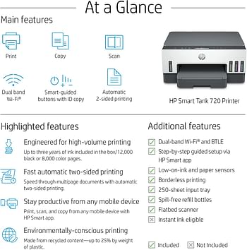 HP Smart Tank 720 All-in-One Printer Wireless, Print, Scan, Copy, Auto Duplex Printing, Print up to 18000 black or 8000 color pages 6UU46A - White, Grey