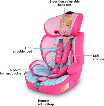 Disney Princess Baby/Kids 3-in-1 Car Seat + Booster Seat - Adjustable Backrest - Extra Protection - Suitable from 9 months to 12 years (Group 1/2/3), Upto 36kg (Official Disney Product)