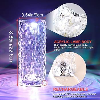 Crystal Table Lamp Touch Control,Endless Rose Diamond Lamp RGB Color Changing Remote Controlled,Romantic Acrylic Bedside Lamp USB Rechargeable for Valentines Day Bedroom Living Room Bar Party Decor