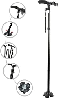 Folding Cane with Led Light, Adjustable Canes and Walking Sticks for Men and Women, Walking Cane Stick for Elderly with Cushion T Handle and Pivoting Quad Base for Hiking Mountain Climbing Backpacker