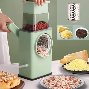 Manual Rotary Cheese Grater Shredder with Wider Hopper 3 Interchangeable Blades Round Mandolin Drum Slicer Julienne Grinder for Cheese, Vegetables, Potatoes and Nuts, Cyan