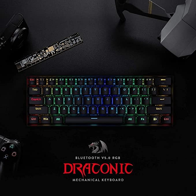 Redragon K530 Draconic 60% Compact Rgb Wireless Mechanical Keyboard, 61 Keys Tkl Designed 5.0 Bluetooth Gaming Keyboard With Brown Switches And 16.8 Million Rgb Lighting For Pc, Laptop, Cell Phone