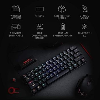 Redragon K530 Draconic لوحة مفاتيح ميكانيكية لاسلكية مدمجة بنسبة 60٪ Rgb ، 61 مفتاحًا Tkl مصممة 5.0 لوحة مفاتيح بلوتوث للألعاب مع مفاتيح بنية و 16.8 مليون إضاءة RGB لأجهزة الكمبيوتر والكمبيوتر المحمول والهاتف الخلوي