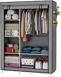 U-HOOME Closet Organizer خزانة أرفف تخزين الملابس ، غطاء قماش غير منسوج مع جيوب جانبية ، 41.3 × 17.7 × 66.9 بوصة (رمادي)