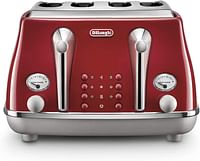 De'Longhi Icona Capitals Red Vintage Style 4 Slice Toaster, 6 Browning Levels, 4 Extra Wide Bread Slots, Defrost and Reheat Functions, Removable Crumb Tray, CTOC4003.R.