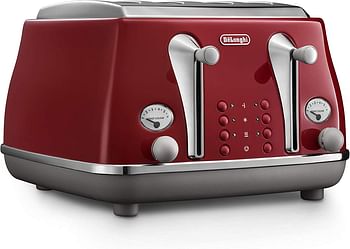 De'Longhi Icona Capitals Red Vintage Style 4 Slice Toaster, 6 Browning Levels, 4 Extra Wide Bread Slots, Defrost and Reheat Functions, Removable Crumb Tray, CTOC4003.R.
