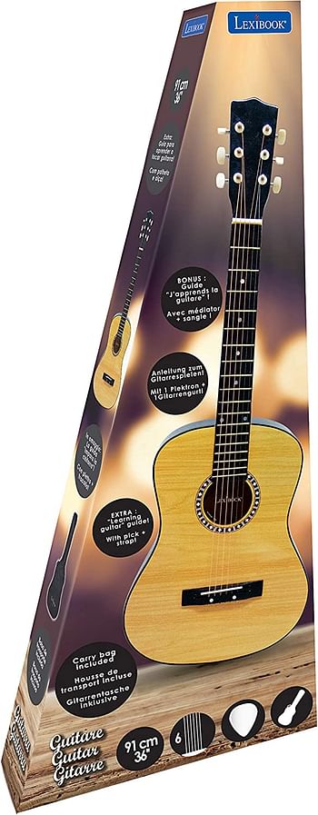 Lexibook Wooden AcoUStic Guitar, 36'', Learning Guide Included, 6 Nylon Strings, Carry Bag Included K2200 - Wood/Black