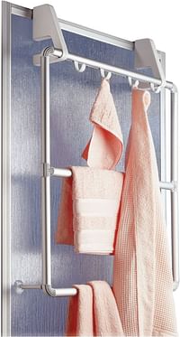 WENKO Door and Shower Cubicle Towel Holder, Aluminium, 4 Hooks, Compact, Convenient Organizer for Clothes, Hats, 62.5x78x14.5cm, Silver Matt
