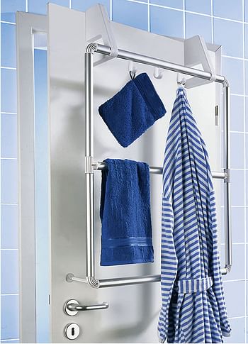 WENKO Door and Shower Cubicle Towel Holder, Aluminium, 4 Hooks, Compact, Convenient Organizer for Clothes, Hats, 62.5x78x14.5cm, Silver Matt