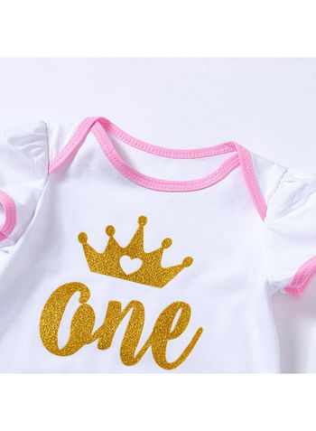 4 Pieces 1st Birthday Baby Girl Costume Set Newborn Princess ONE Printed with Crown Dress for Theme Party Photoshoot, Unicorn Bodysuit with Tutu Skirt Cake Topper and Floral Headband - White Pink Blue