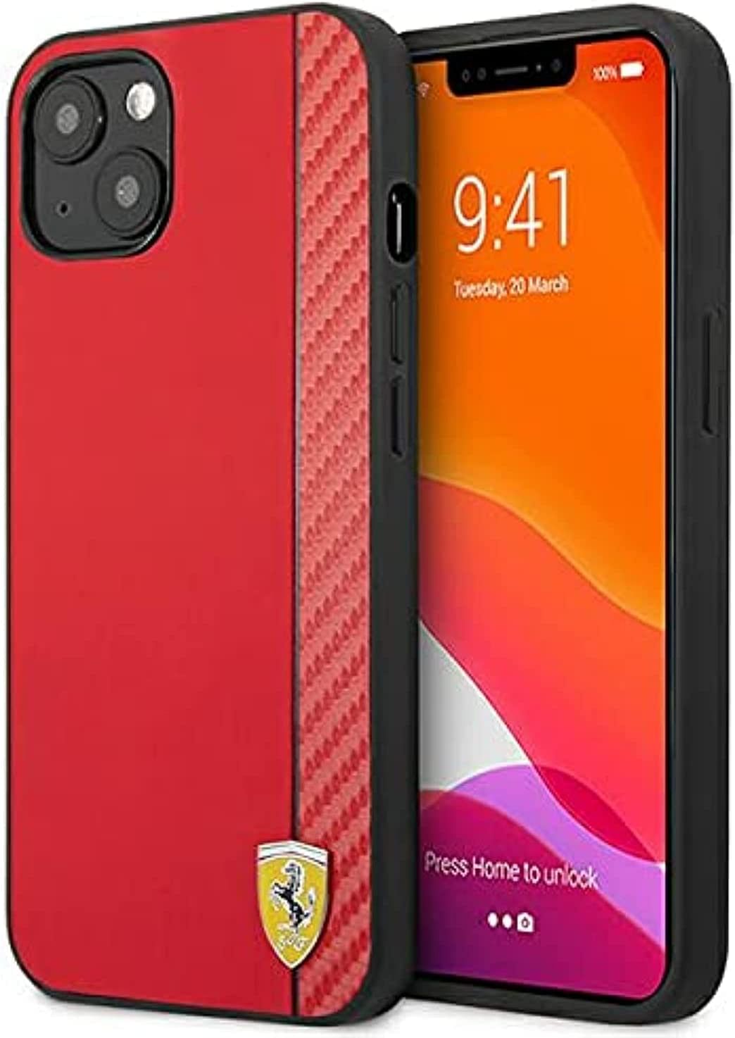 CG Mobile Ferrari Hard Case PU Smooth And Carbon Effect Vertical Stripe Metal Logo For iPhone 13 Mini (5.4") - Red
