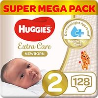 HUGGIES New Born Diapers, Size 2, Value Pack, 4-6 kg, 128 Diapers