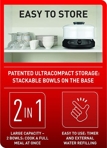 TEFAL Steam cooker | Minicompact Black 6L Steamer Easy To Store  VC139865