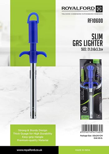 Royalford Slim Gas Lighter, Strong And Sturdy Design, RF10600 | Easy Grip Stainless Steel Regular Gas Lighter for Kitchen Stove | Thick Gauge for High Durability | Steel Gas Lighter