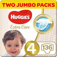 Huggies Extra Care Size 4, Mega Packs, 8-14 kg 136 Diapers White