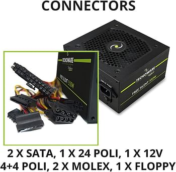 Tecnoware ATX 500 W Power Supply for PC - Silent 12 cm Fan - Connectors 2 x SATA, 1 x 24 Poles, 1 x 12V 4 + 4 Poles, 2 x Molex, 1 x Floppy