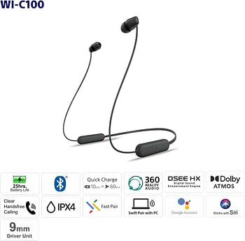 Sony WI C100 Wireless in Ear Bluetooth Headphones with Built in Microphone WIC100/B, WI-C100- Small - Black