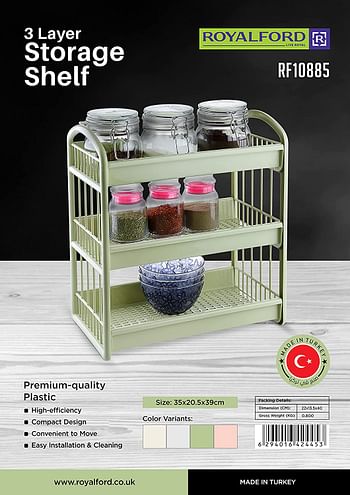 RoyalFord 3 Layer Storage Shelf RF10885, Plastic Storage Rack, Shelf for Home, Office and Kitchen, Rack with Handle, Multicolor