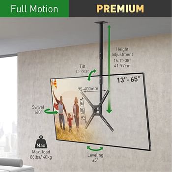 Barkan 97cm Long TV Ceiling Mount, 29-65 inch Full Motion - 3 Movement Flat/Curved Screen Bracket, Holds up to 40kg, Telescopic Height Adjustment, Fits LED OLED LCD