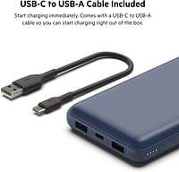 باور بانك محمول بمنفذ USB نوع C بسعة 20000 mAh في الساعة (20K)، باور بانك مع منفذ USB نوع C و2 منفذ USB نوع A مع كيبل متضمن USB نوع C الى USB نوع A للايفون والجالكسي وغيرها من بيلكن - ازرق