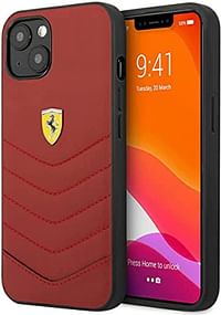 CG MOBILE Ferrari Genuine Leather Quilted Edge Hard Case Compatible for iPhone 13 (6.1") Shockproof Protective Cover | Anti-Scratch Officially Licensed (iPhone 13 (6.1"), Red)