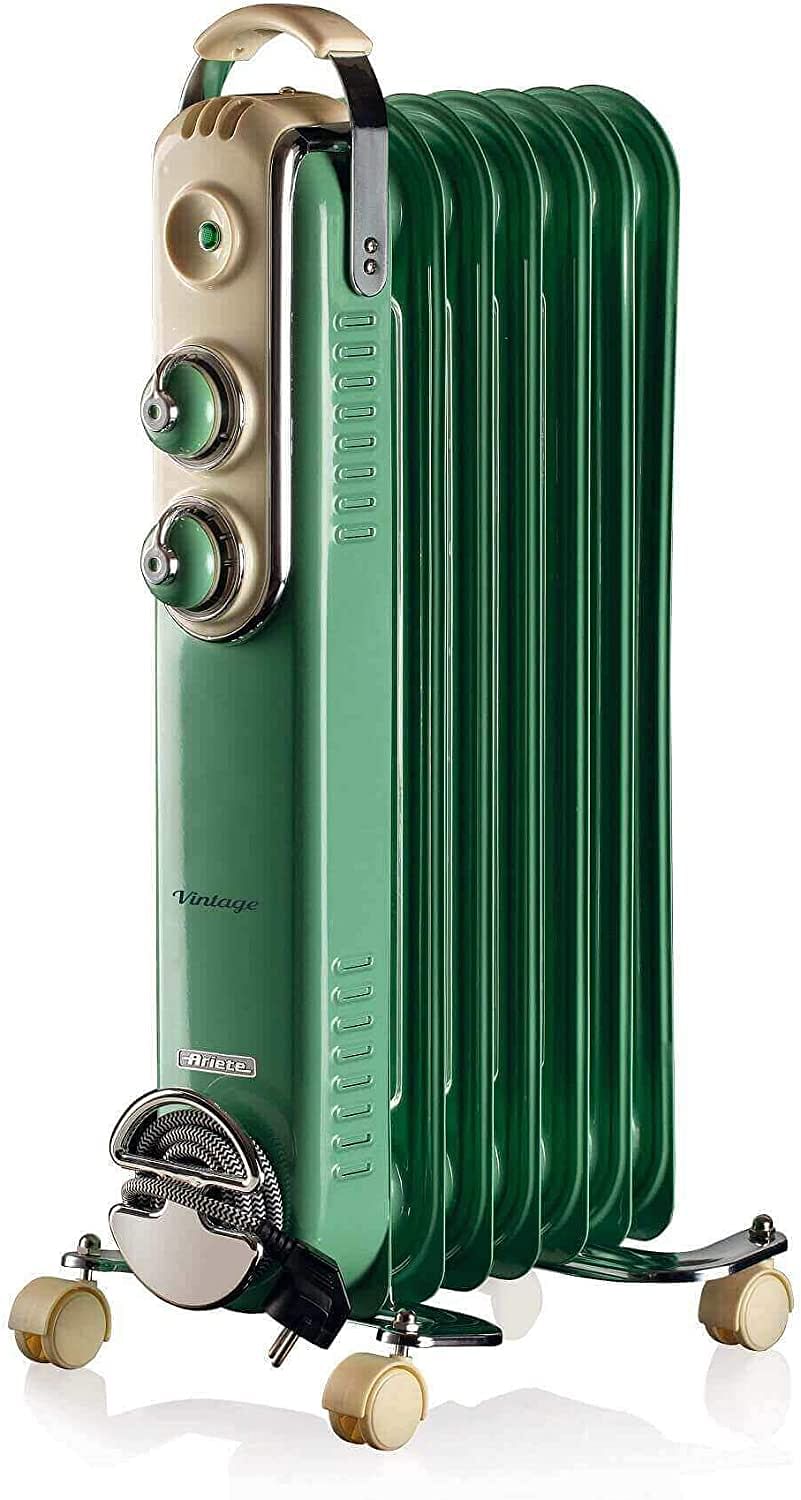 Ariete Vintage Oil Radiator with 7 Heating Elements, Adjustable Temp at 3 Power Levels 600W, 900W, 1500W, Swivel Wheels, Fast Room Heater Ideal for Bedroom, Home and Office ART837/04 - Green