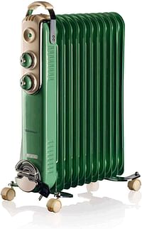 Ariete Vintage Oil Radiator with 11 Heating Elements, Adjustable Temp at 3 Power Levels 1100W, 1500W, 2500W, Swivel Wheels, Fast Room Heater Ideal for Bedroom, Home and Office ‎ART839 - Green