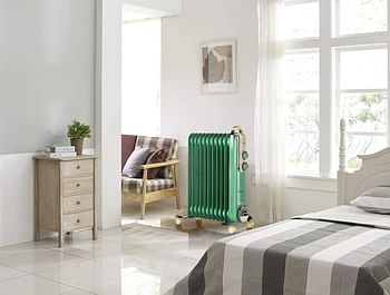 Ariete Vintage Oil Radiator with 11 Heating Elements, Adjustable Temp at 3 Power Levels 1100W, 1500W, 2500W, Swivel Wheels, Fast Room Heater Ideal for Bedroom, Home and Office ‎ART839 - Green