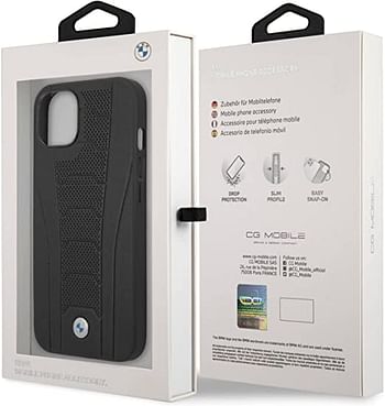 CG Mobile BMW Real Leather Hard Case Seat Pattern Tone On Tone Perforations Debossed Lines For iPhone 13 (6.1") - Black