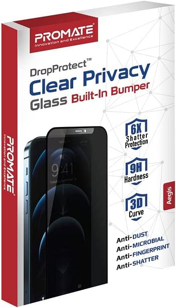 Promate Privacy Glass Screen Protector for iPhone 12, Clear Anti-Spy 3D Tempered Glass Screen Guard with Built-In Silicone Bumper, 9H Hardness and Shatter Protection, Aegis-i12