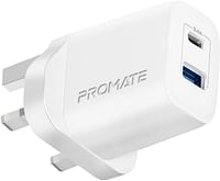 Promate USB-C Adapter, Universal 17W Multi-Port Wall Charger with 5V/3A Type-C Port, 5V/2.4A USB-A Port, Adaptive Charging and Over-Charging Protection for iPhone 13, iPad Air, BiPlug-2 UK White