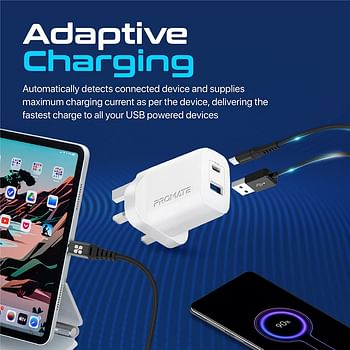 Promate USB-C Adapter, Universal 17W Multi-Port Wall Charger with 5V/3A Type-C Port, 5V/2.4A USB-A Port, Adaptive Charging and Over-Charging Protection for iPhone 13, iPad Air, BiPlug-2 UK White