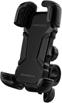 Promate Motorcycle Phone Holder, Adjustable 360 Degree Rotation Bike Phone Mount with Secure Quick-Clamp, Silicone Slip-Proof Grip, Quick Locking System and Reduced Vibration, BikeMount Black
