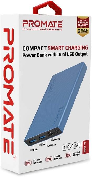 Promate Portable Charger, Ultra-Compact 10000mAH External Battery Pack with 2A Type-C, Micro-USB Input and Ultra-Fast 2A Dual USB Charging Port for GPS, iPod, iPad, iPhone, Huawei, Bolt-10 Blue