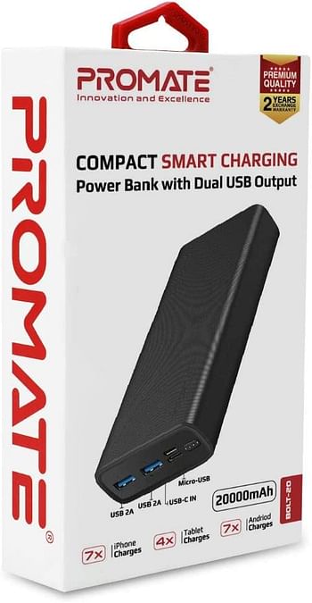 Promate Power Bank Portable Charger, Ultra-Compact 20000mAH External Battery Pack with 2A Type-C, Micro-USB Input and Ultra-Fast 2A Dual USB Charging Port for iPod, iPad, iPhone, Huawei, Bolt-20 Black
