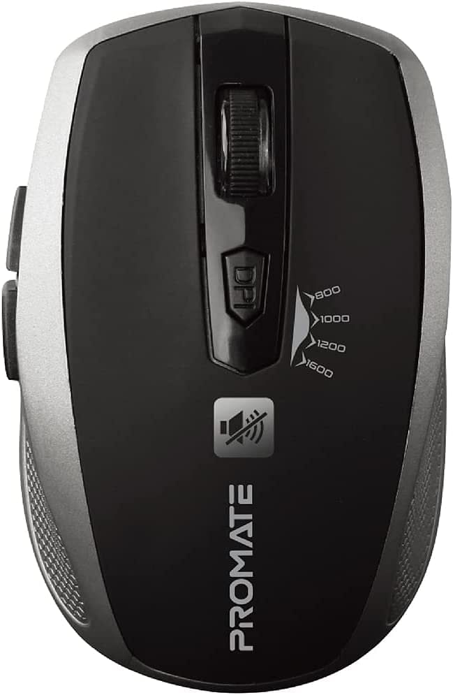 Promate Silent Wireless Mouse, Ergonomic Silent Click Optical 2.4GHz Cordless Mice with Adjustable 1600DPI, 6 Buttons with Forward/Back Button, USB Nano Receiver and 10m Working Distance, Breeze