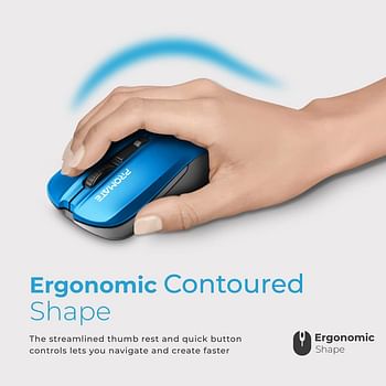 Promate Wireless Mouse, Comfortable Ambidextrous 2.4GHz Cordless Ergonomic Mice with 4 Programmable Buttons, Adjustable 1600DPI, Nano USB Receiver and 10m Working Range for Laptops - Contour