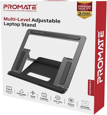 Promate Laptop Stand, Ergonomic Aluminum Multi-Level Notebook Stand up to 17 Inches with Anti-Slip Pads, Heat Dissipating and Foldable Design for MacBook Pro, Tablets, Notebooks, DeskMate-5 Grey