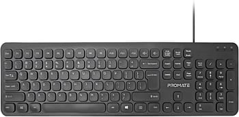 Promate Wired Keyboard, Ultra-Slim Full-Size 106-Keys Quiet Keyboard with 1.6m USB Cord Length, Built-In Foldable Stands and Volume Control Keys for MacBook Pro, ASUS, Dell, EasyKey-4 English